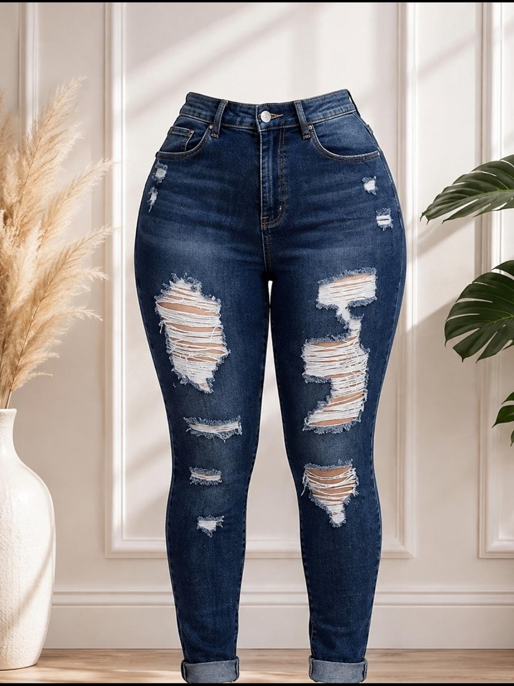 Women’s High-Rise Dark Blue Ripped Skinny Jeans